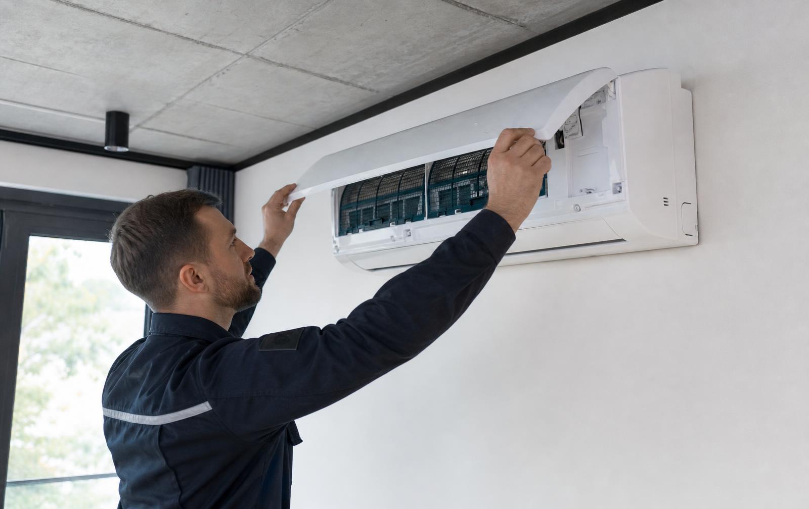 Técnico fazendo manutenção em ar-condicionado split instalado na parede
