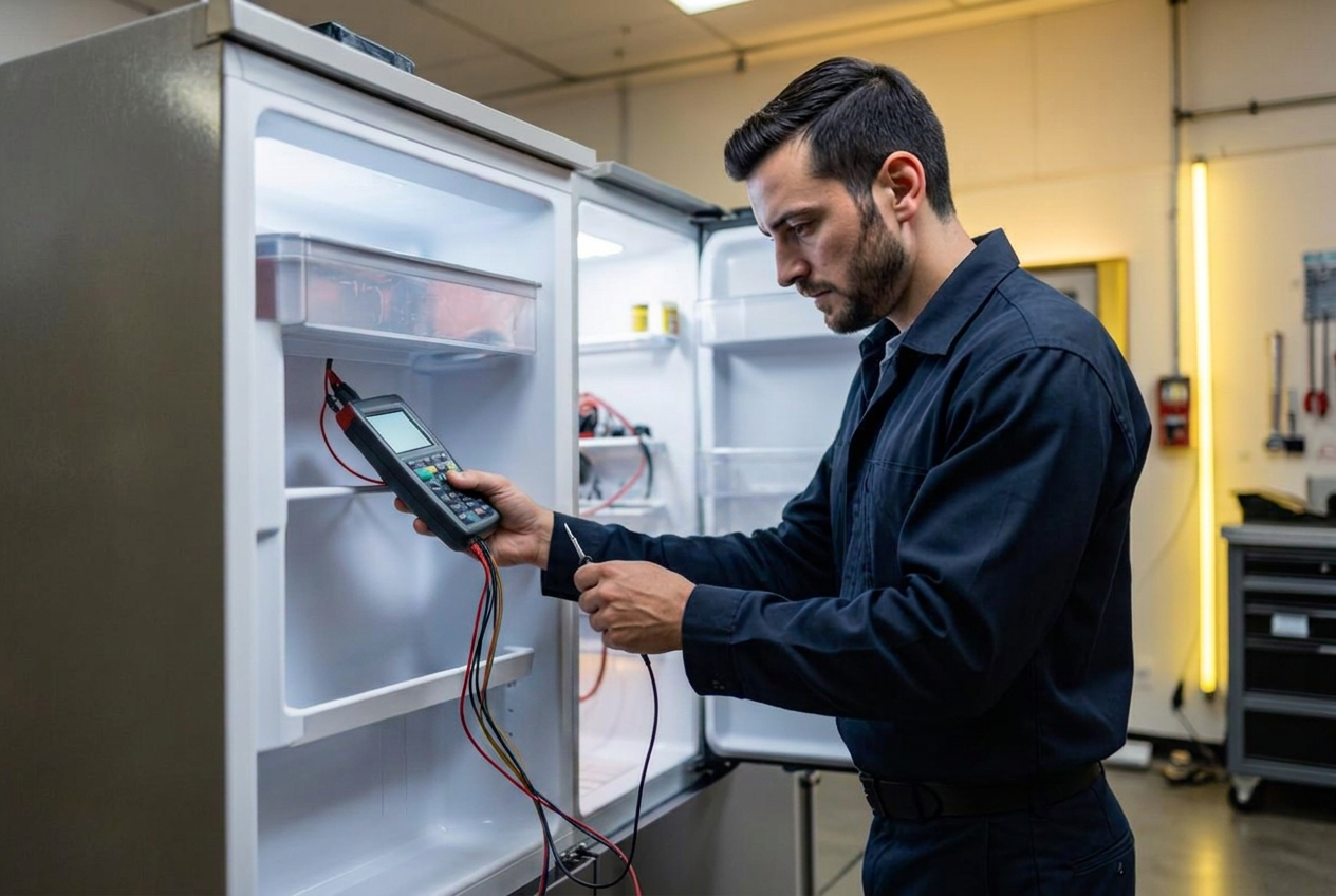Técnico da Circuito Eletrônica fazendo manutenção em uma geladeira