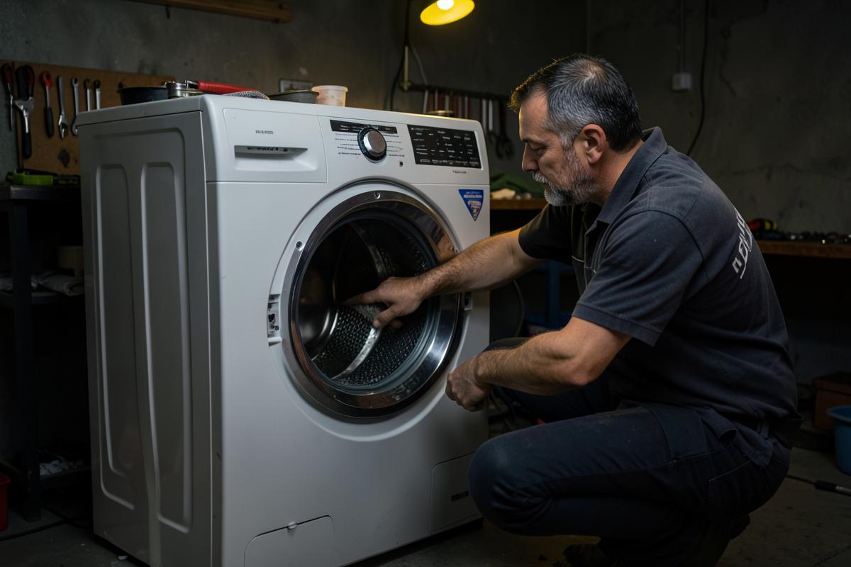 Técnico realizando conserto de máquina de lavar roupas