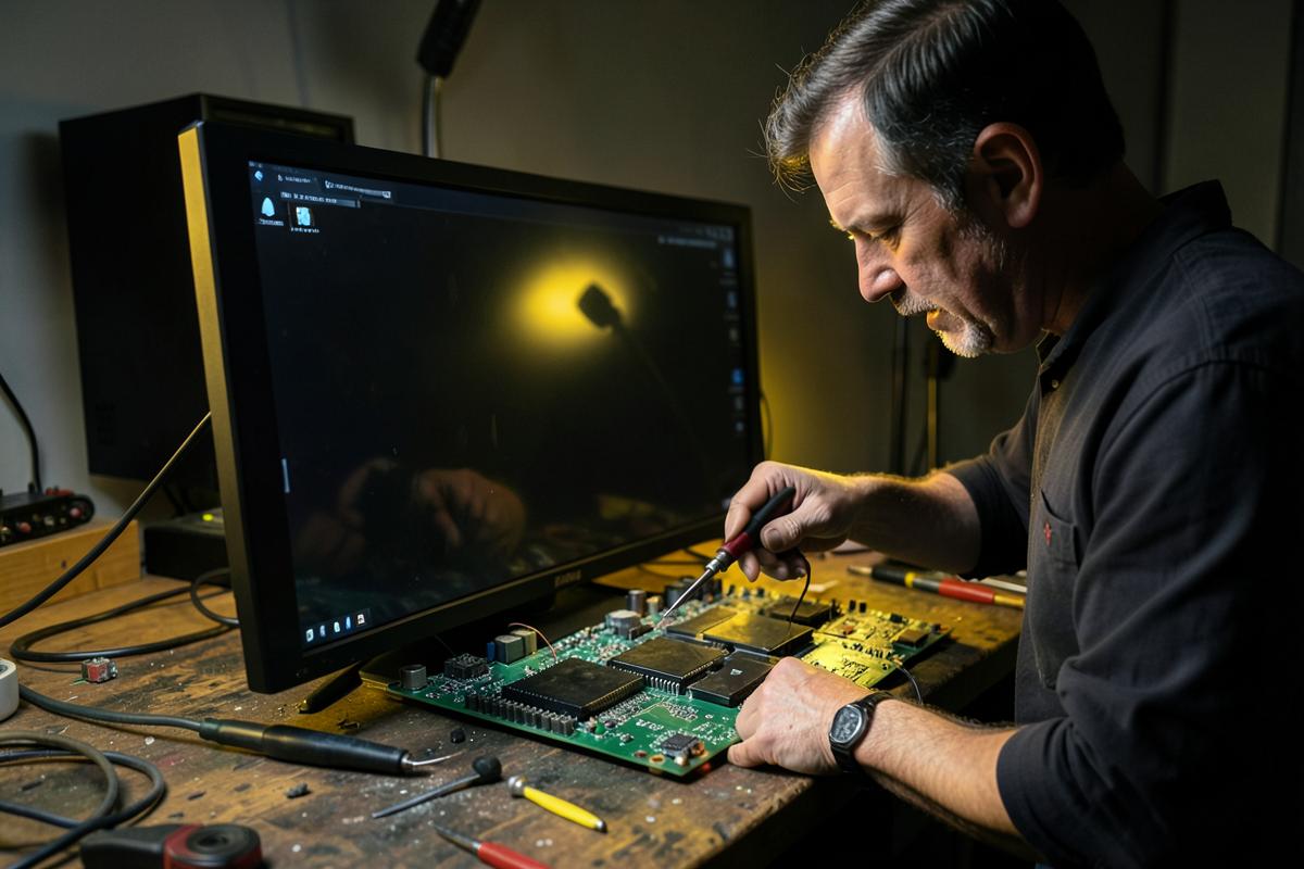Técnico em eletrônica reparando a placa de um televisor